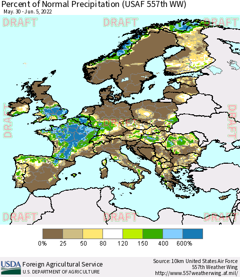 Europe Percent of Normal Precipitation (USAF 557th WW) Thematic Map For 5/30/2022 - 6/5/2022