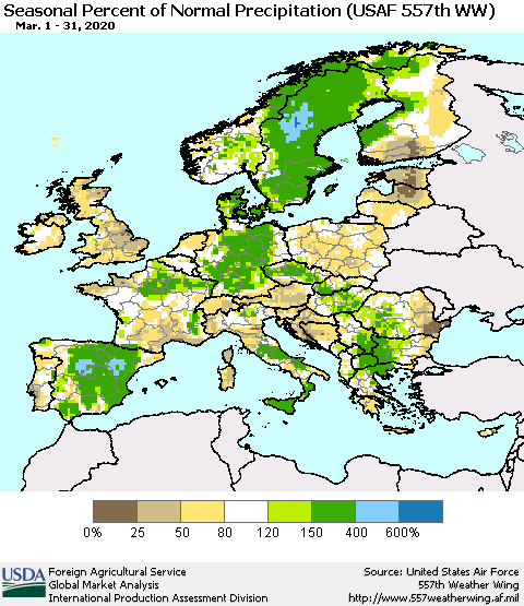 Europe Seasonal Percent of Normal Precipitation (USAF 557th WW) Thematic Map For 3/1/2020 - 3/31/2020