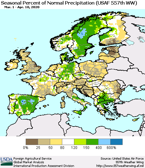Europe Seasonal Percent of Normal Precipitation (USAF 557th WW) Thematic Map For 3/1/2020 - 4/10/2020