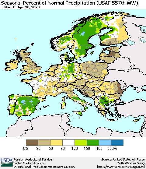 Europe Seasonal Percent of Normal Precipitation (USAF 557th WW) Thematic Map For 3/1/2020 - 4/30/2020