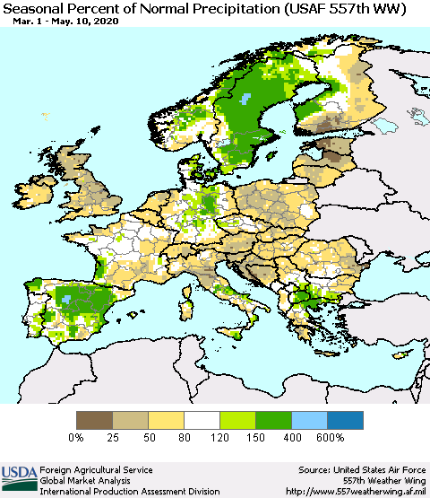 Europe Seasonal Percent of Normal Precipitation (USAF 557th WW) Thematic Map For 3/1/2020 - 5/10/2020