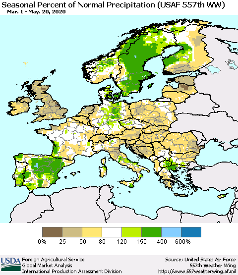 Europe Seasonal Percent of Normal Precipitation (USAF 557th WW) Thematic Map For 3/1/2020 - 5/20/2020