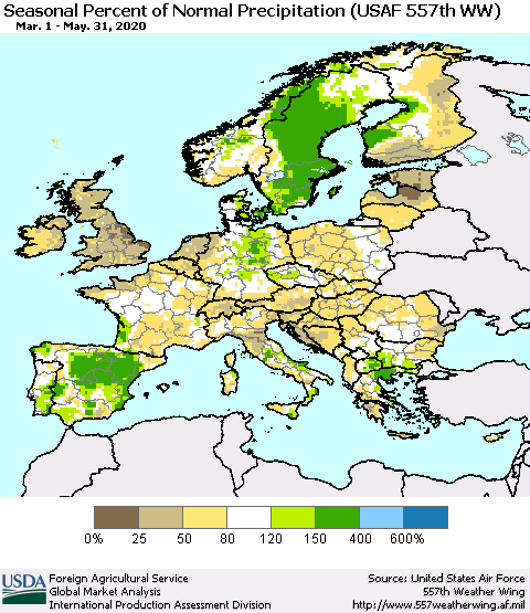 Europe Seasonal Percent of Normal Precipitation (USAF 557th WW) Thematic Map For 3/1/2020 - 5/31/2020