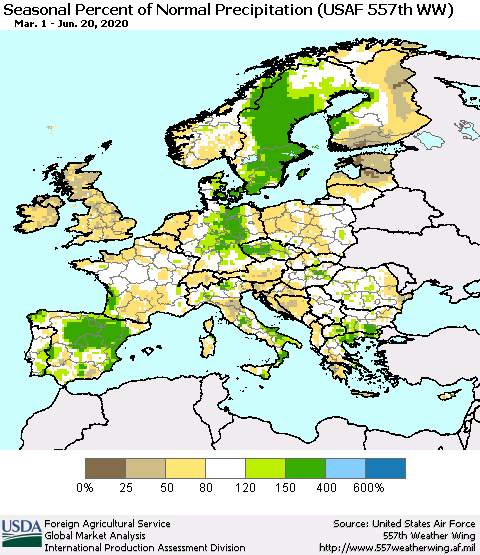 Europe Seasonal Percent of Normal Precipitation (USAF 557th WW) Thematic Map For 3/1/2020 - 6/20/2020