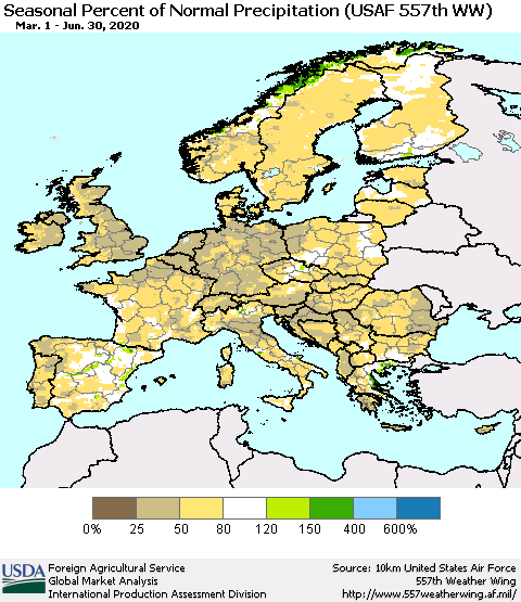 Europe Seasonal Percent of Normal Precipitation (USAF 557th WW) Thematic Map For 3/1/2020 - 6/30/2020