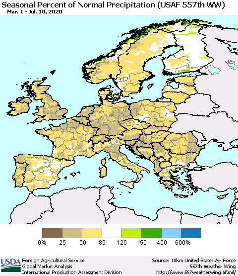 Europe Seasonal Percent of Normal Precipitation (USAF 557th WW) Thematic Map For 3/1/2020 - 7/10/2020