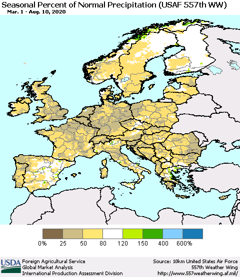 Europe Seasonal Percent of Normal Precipitation (USAF 557th WW) Thematic Map For 3/1/2020 - 8/10/2020