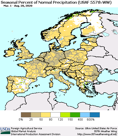 Europe Seasonal Percent of Normal Precipitation (USAF 557th WW) Thematic Map For 3/1/2020 - 8/20/2020