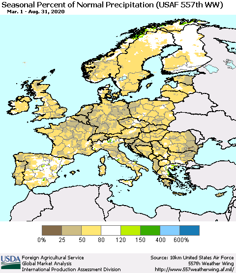 Europe Seasonal Percent of Normal Precipitation (USAF 557th WW) Thematic Map For 3/1/2020 - 8/31/2020