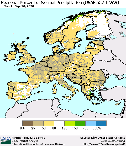 Europe Seasonal Percent of Normal Precipitation (USAF 557th WW) Thematic Map For 3/1/2020 - 9/20/2020