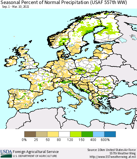 Europe Seasonal Percent of Normal Precipitation (USAF 557th WW) Thematic Map For 9/1/2020 - 3/10/2021