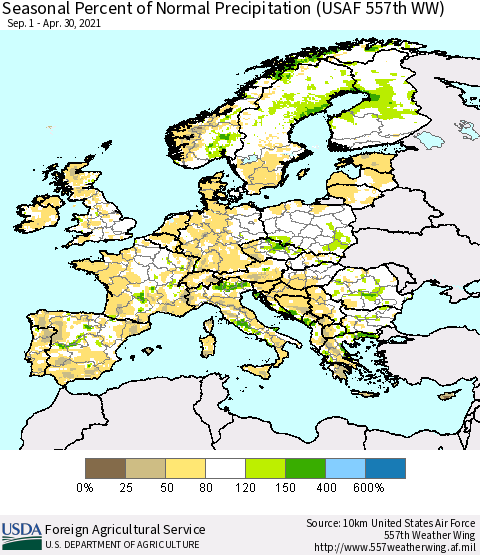 Europe Seasonal Percent of Normal Precipitation (USAF 557th WW) Thematic Map For 9/1/2020 - 4/30/2021