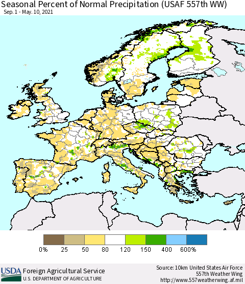 Europe Seasonal Percent of Normal Precipitation (USAF 557th WW) Thematic Map For 9/1/2020 - 5/10/2021