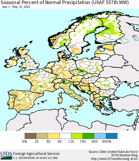 Europe Seasonal Percent of Normal Precipitation (USAF 557th WW) Thematic Map For 9/1/2020 - 5/31/2021