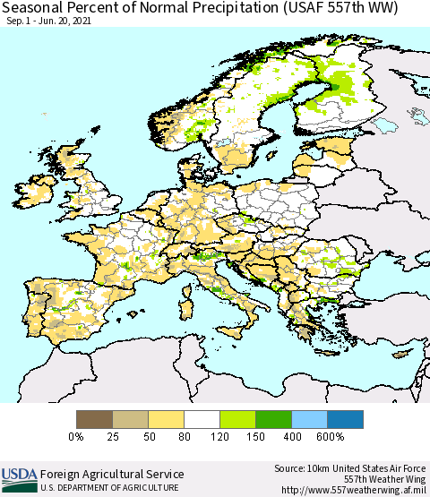 Europe Seasonal Percent of Normal Precipitation (USAF 557th WW) Thematic Map For 9/1/2020 - 6/20/2021