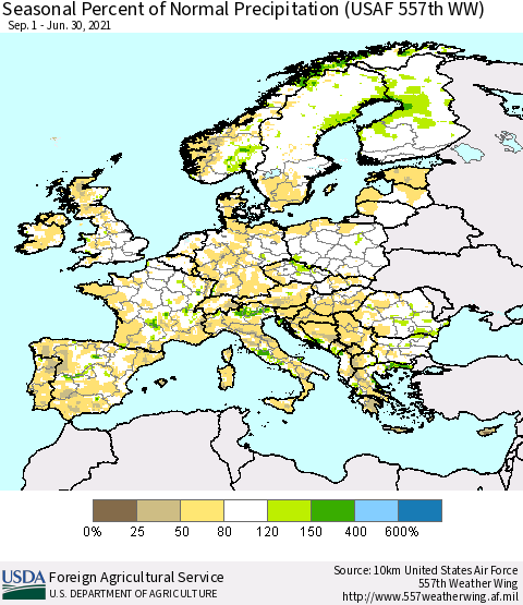 Europe Seasonal Percent of Normal Precipitation (USAF 557th WW) Thematic Map For 9/1/2020 - 6/30/2021