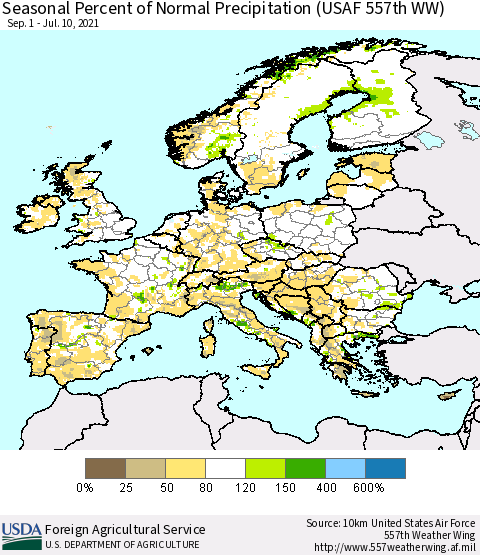 Europe Seasonal Percent of Normal Precipitation (USAF 557th WW) Thematic Map For 9/1/2020 - 7/10/2021