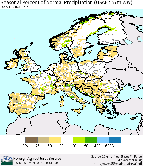 Europe Seasonal Percent of Normal Precipitation (USAF 557th WW) Thematic Map For 9/1/2020 - 7/31/2021
