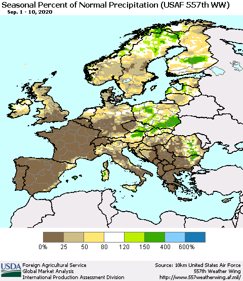 Europe Seasonal Percent of Normal Precipitation (USAF 557th WW) Thematic Map For 9/1/2020 - 9/10/2020
