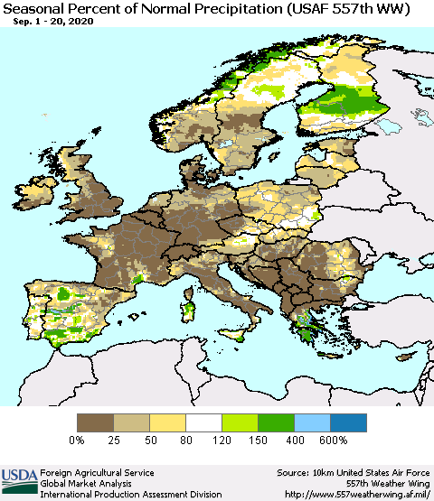 Europe Seasonal Percent of Normal Precipitation (USAF 557th WW) Thematic Map For 9/1/2020 - 9/20/2020