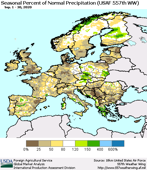 Europe Seasonal Percent of Normal Precipitation (USAF 557th WW) Thematic Map For 9/1/2020 - 9/30/2020