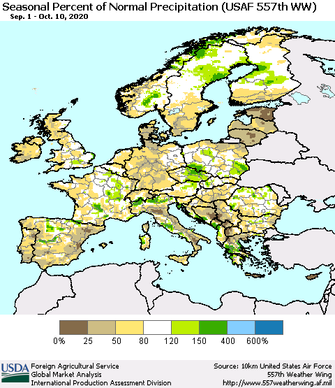 Europe Seasonal Percent of Normal Precipitation (USAF 557th WW) Thematic Map For 9/1/2020 - 10/10/2020