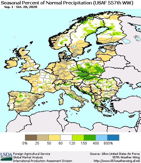 Europe Seasonal Percent of Normal Precipitation (USAF 557th WW) Thematic Map For 9/1/2020 - 10/20/2020
