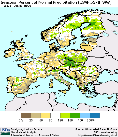 Europe Seasonal Percent of Normal Precipitation (USAF 557th WW) Thematic Map For 9/1/2020 - 10/31/2020