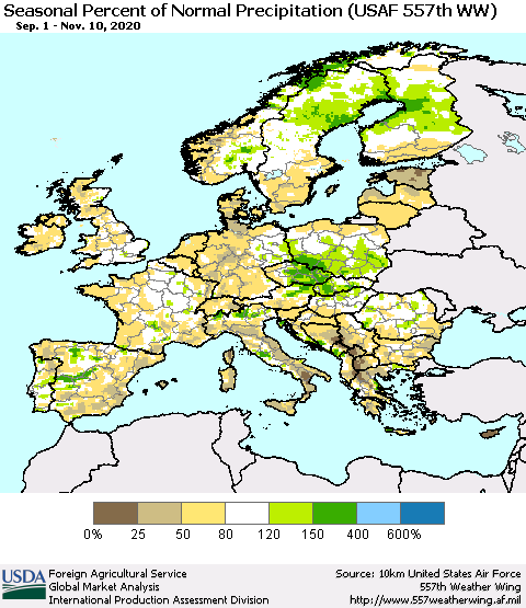 Europe Seasonal Percent of Normal Precipitation (USAF 557th WW) Thematic Map For 9/1/2020 - 11/10/2020