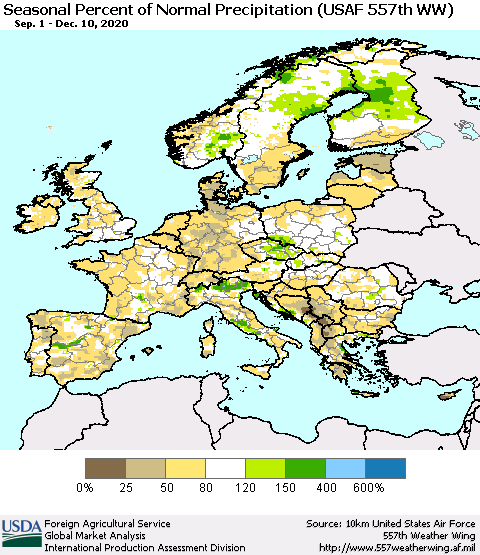 Europe Seasonal Percent of Normal Precipitation (USAF 557th WW) Thematic Map For 9/1/2020 - 12/10/2020