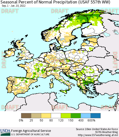 Europe Seasonal Percent of Normal Precipitation (USAF 557th WW) Thematic Map For 9/1/2021 - 1/10/2022
