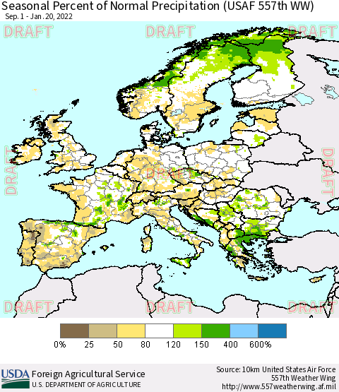 Europe Seasonal Percent of Normal Precipitation (USAF 557th WW) Thematic Map For 9/1/2021 - 1/20/2022