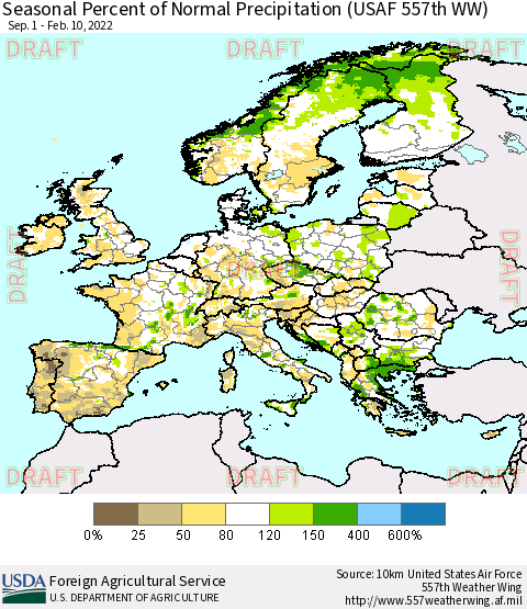 Europe Seasonal Percent of Normal Precipitation (USAF 557th WW) Thematic Map For 9/1/2021 - 2/10/2022