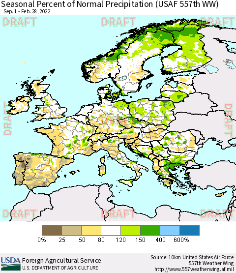 Europe Seasonal Percent of Normal Precipitation (USAF 557th WW) Thematic Map For 9/1/2021 - 2/28/2022