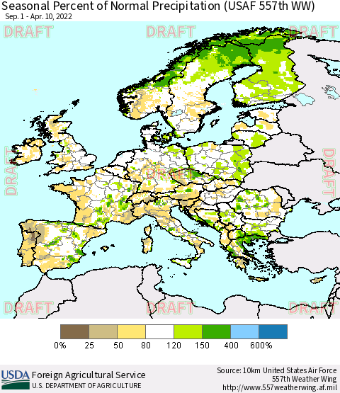 Europe Seasonal Percent of Normal Precipitation (USAF 557th WW) Thematic Map For 9/1/2021 - 4/10/2022