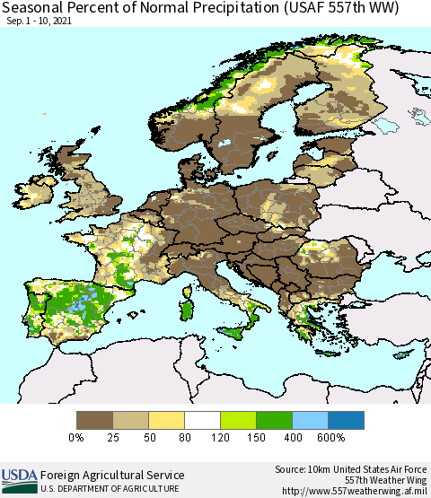 Europe Seasonal Percent of Normal Precipitation (USAF 557th WW) Thematic Map For 9/1/2021 - 9/10/2021