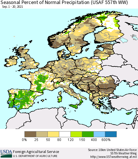 Europe Seasonal Percent of Normal Precipitation (USAF 557th WW) Thematic Map For 9/1/2021 - 9/20/2021