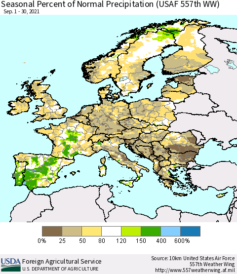 Europe Seasonal Percent of Normal Precipitation (USAF 557th WW) Thematic Map For 9/1/2021 - 9/30/2021