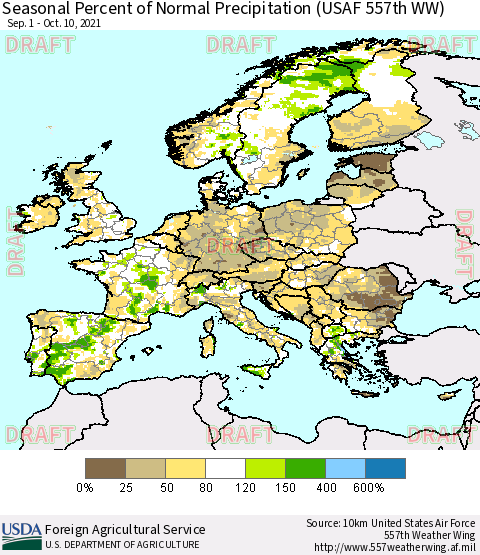 Europe Seasonal Percent of Normal Precipitation (USAF 557th WW) Thematic Map For 9/1/2021 - 10/10/2021