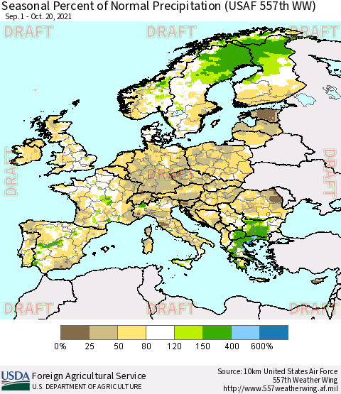 Europe Seasonal Percent of Normal Precipitation (USAF 557th WW) Thematic Map For 9/1/2021 - 10/20/2021