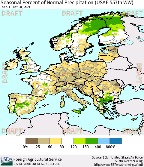 Europe Seasonal Percent of Normal Precipitation (USAF 557th WW) Thematic Map For 9/1/2021 - 10/31/2021