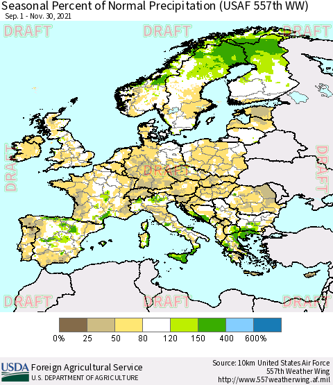 Europe Seasonal Percent of Normal Precipitation (USAF 557th WW) Thematic Map For 9/1/2021 - 11/30/2021