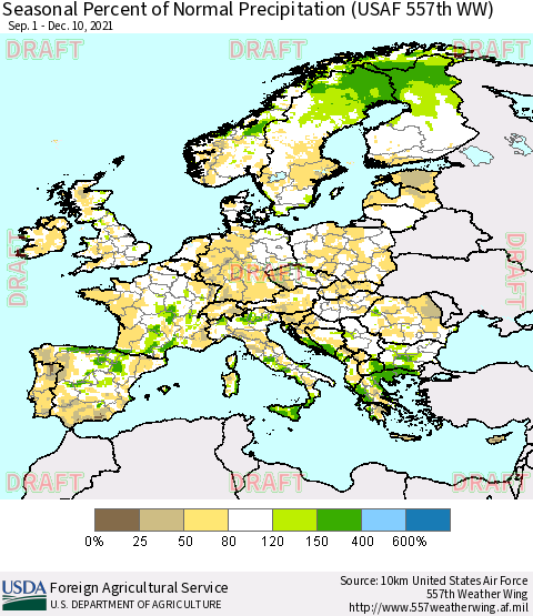Europe Seasonal Percent of Normal Precipitation (USAF 557th WW) Thematic Map For 9/1/2021 - 12/10/2021