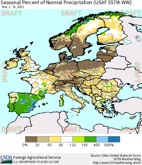 Europe Seasonal Percent of Normal Precipitation (USAF 557th WW) Thematic Map For 3/1/2022 - 3/31/2022