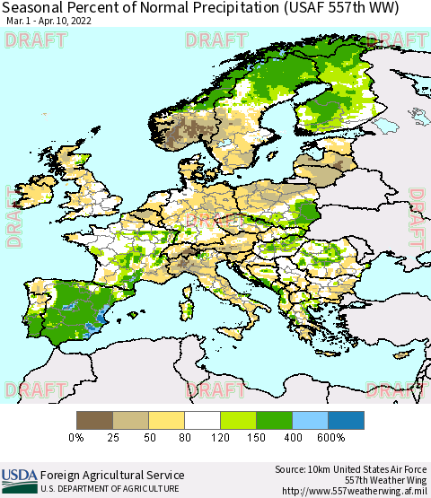 Europe Seasonal Percent of Normal Precipitation (USAF 557th WW) Thematic Map For 3/1/2022 - 4/10/2022