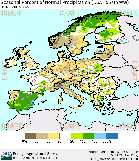 Europe Seasonal Percent of Normal Precipitation (USAF 557th WW) Thematic Map For 3/1/2022 - 4/20/2022