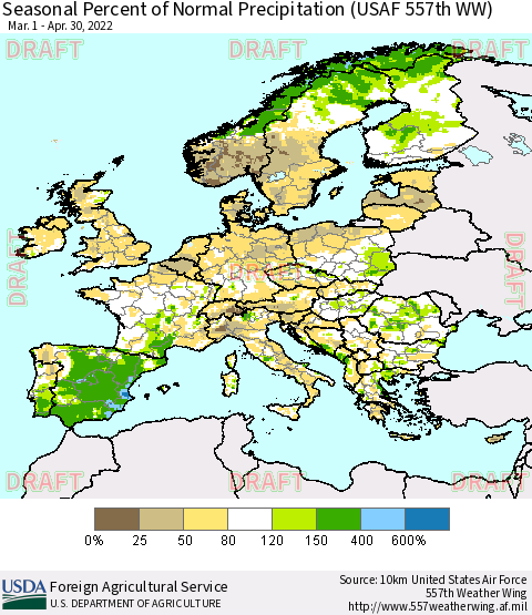 Europe Seasonal Percent of Normal Precipitation (USAF 557th WW) Thematic Map For 3/1/2022 - 4/30/2022