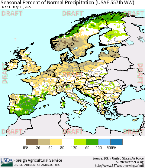 Europe Seasonal Percent of Normal Precipitation (USAF 557th WW) Thematic Map For 3/1/2022 - 5/10/2022
