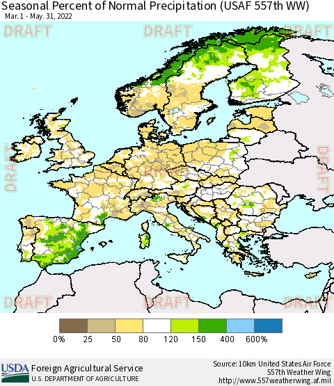 Europe Seasonal Percent of Normal Precipitation (USAF 557th WW) Thematic Map For 3/1/2022 - 5/31/2022