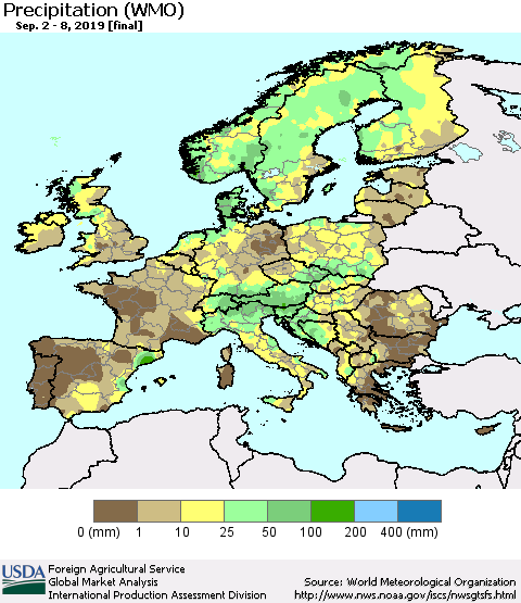 Europe Precipitation (WMO) Thematic Map For 9/2/2019 - 9/8/2019
